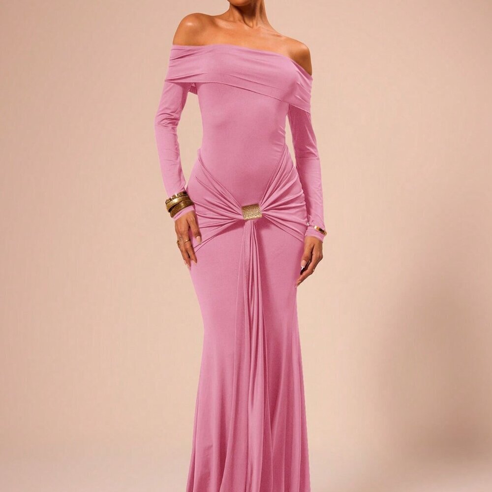 Pink Elegant Women's Off Shoulder Maxi Dress